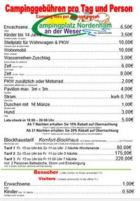 Die Preisliste des Campingplatz Nordenham an der Weser am Bremerhaven